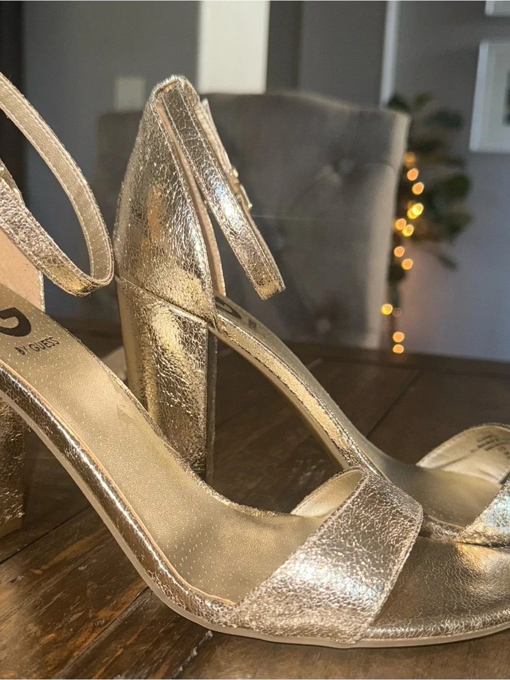 G by Guess Metallic Silver Ankle-Strap Block Heel Sandals